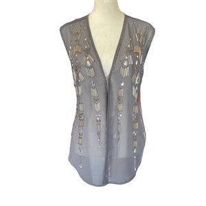 Cha Cha Vente medium gray sleeveless v-neck sheer embellished open front top